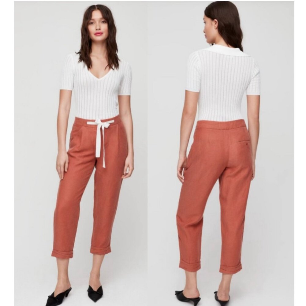 Aritzia Wilfred Allant Linen Crop Pants Sash Tie Cuffed Pleated Rust Trousers